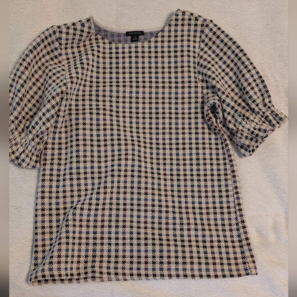 Ann Taylor Checkered Puff Sleeve Blouse - Blue And Purple XS
